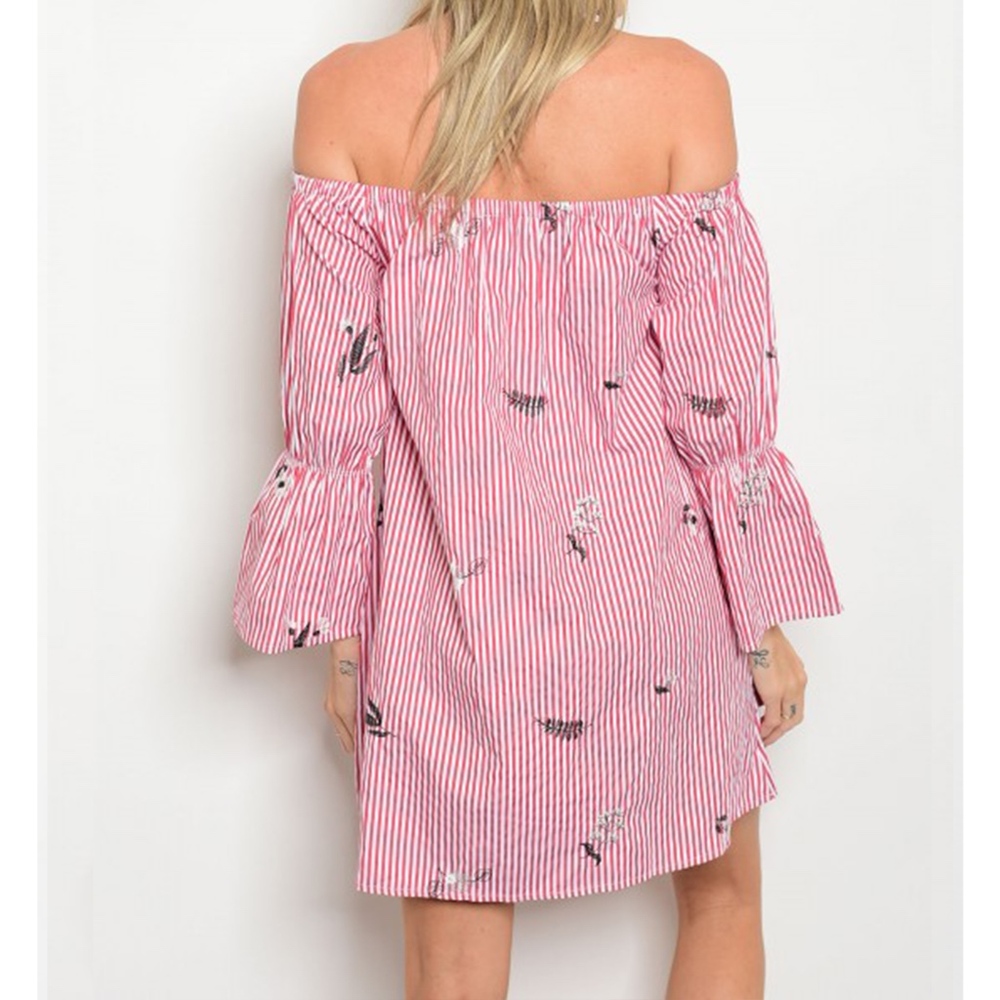 LAST ONE! Red and White Stripe Off Shoulder Dress - Picture 2 of 4